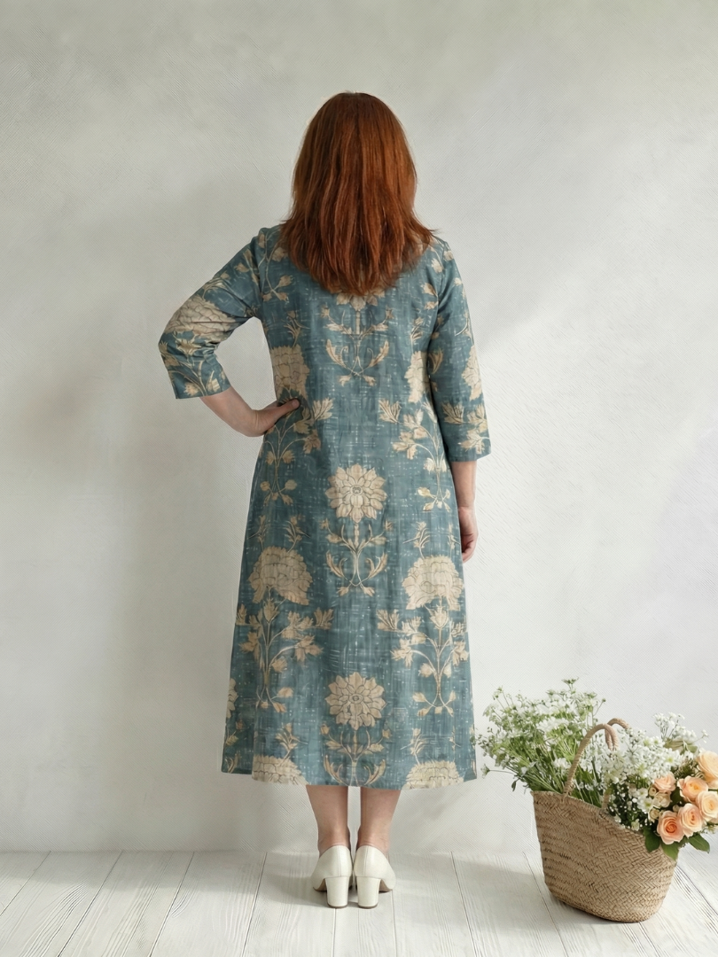 Léopoldine | Robe midi femme florale légère, manches longues col V coupe douce