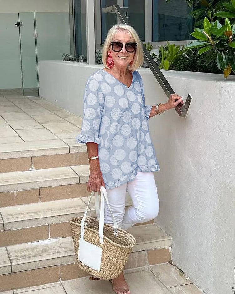 Denise | Blouse femme à pois col V, coupe détendue confortable et élégante
