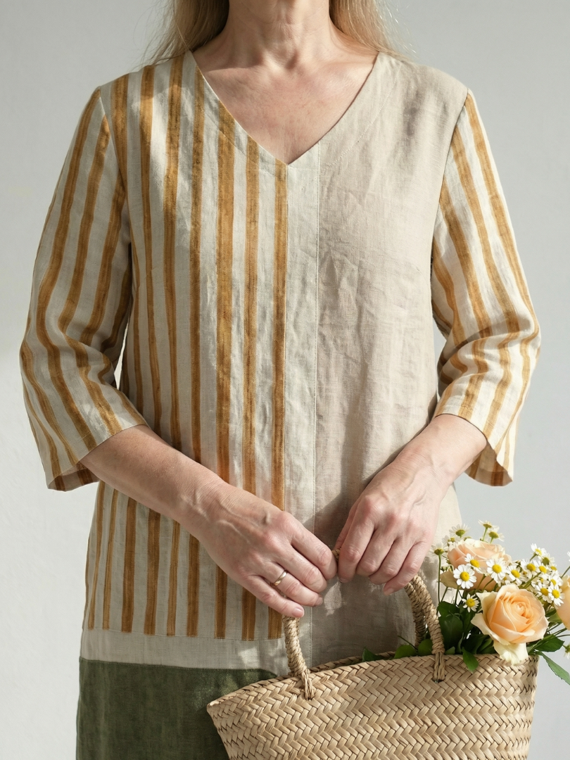 Marguerite | Robe midi femme rayée décontractée, manches longues col V