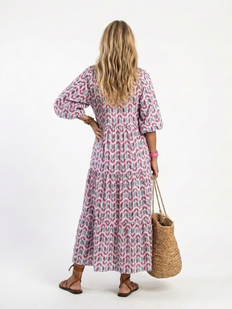 Mireya | Robe midi femme à volants, manches longues imprimé géométrique