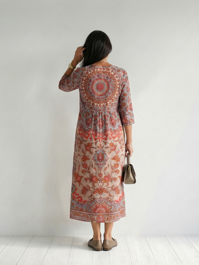 Colombe | Robe midi femme fluide légère, manches longues motif bordure