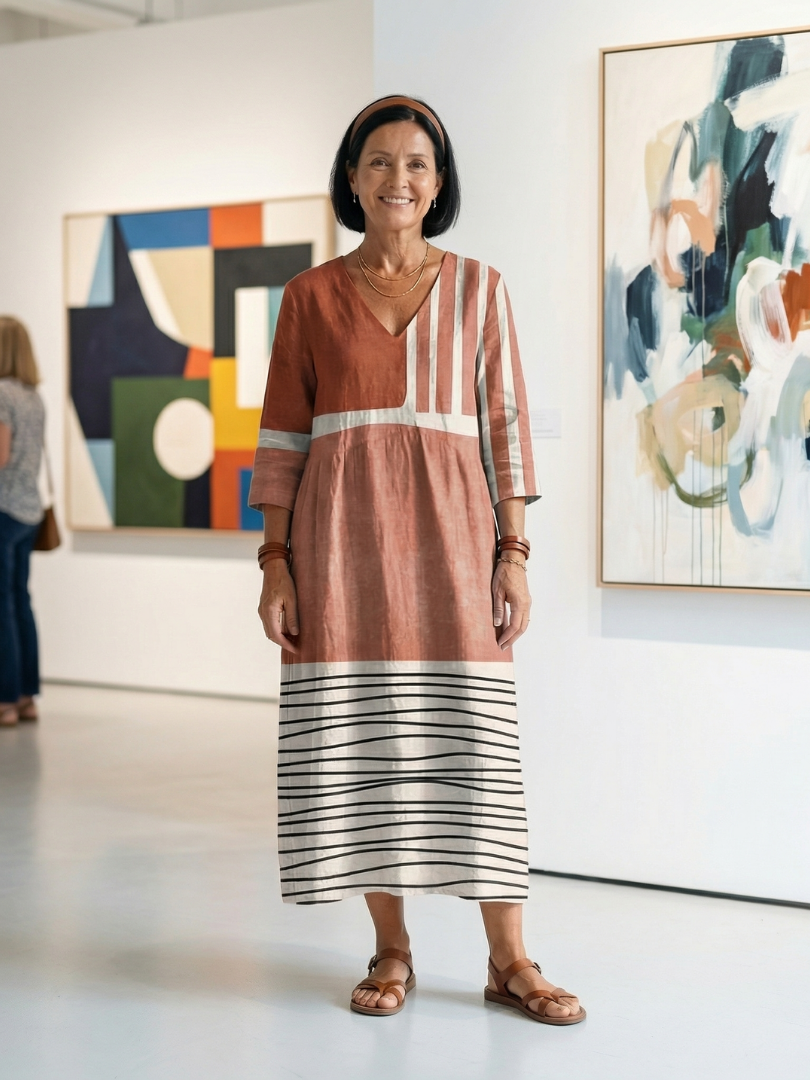 Henriette | Robe midi femme rayée fluide, col V décontractée légère