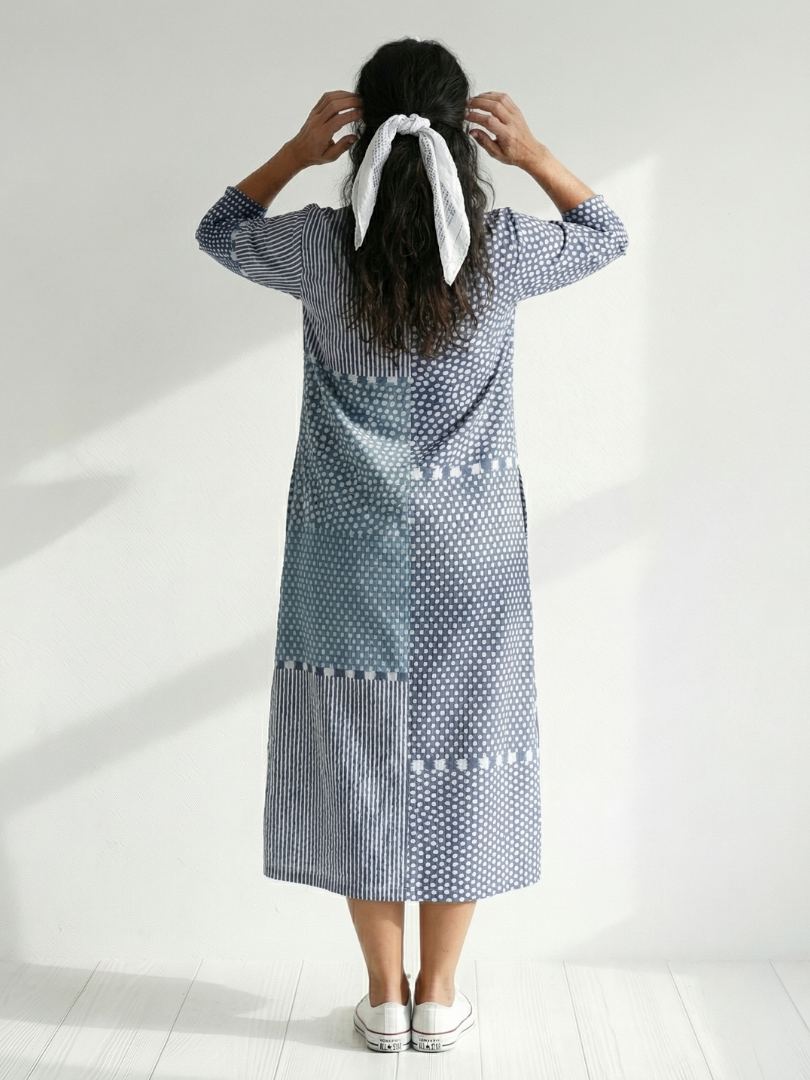 Nolan | Robe midi femme patchwork, coupe ajustée élégante