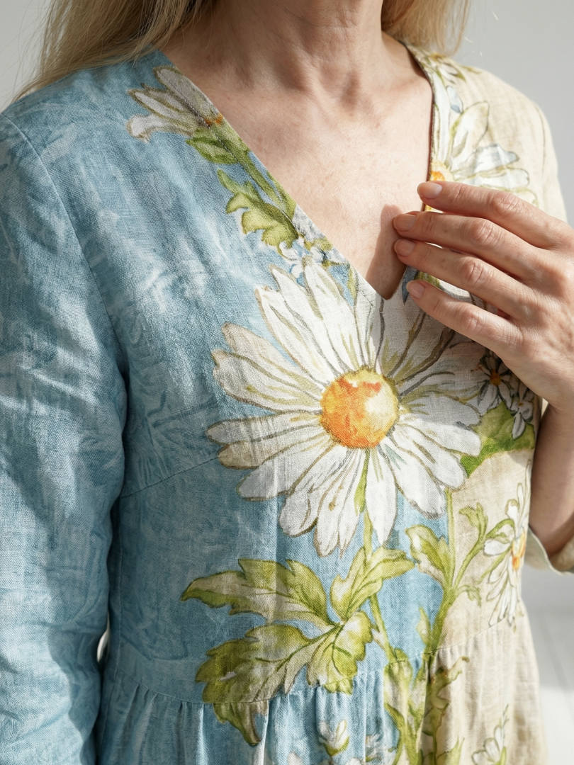 Pâquerette | Robe midi femme imprimé marguerites, légère fluide manches longues