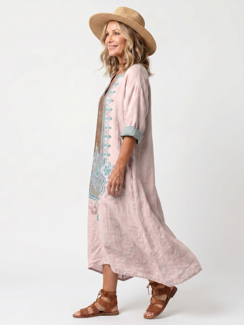 Kenza | Robe midi femme décontractée à poches, panneau brodé