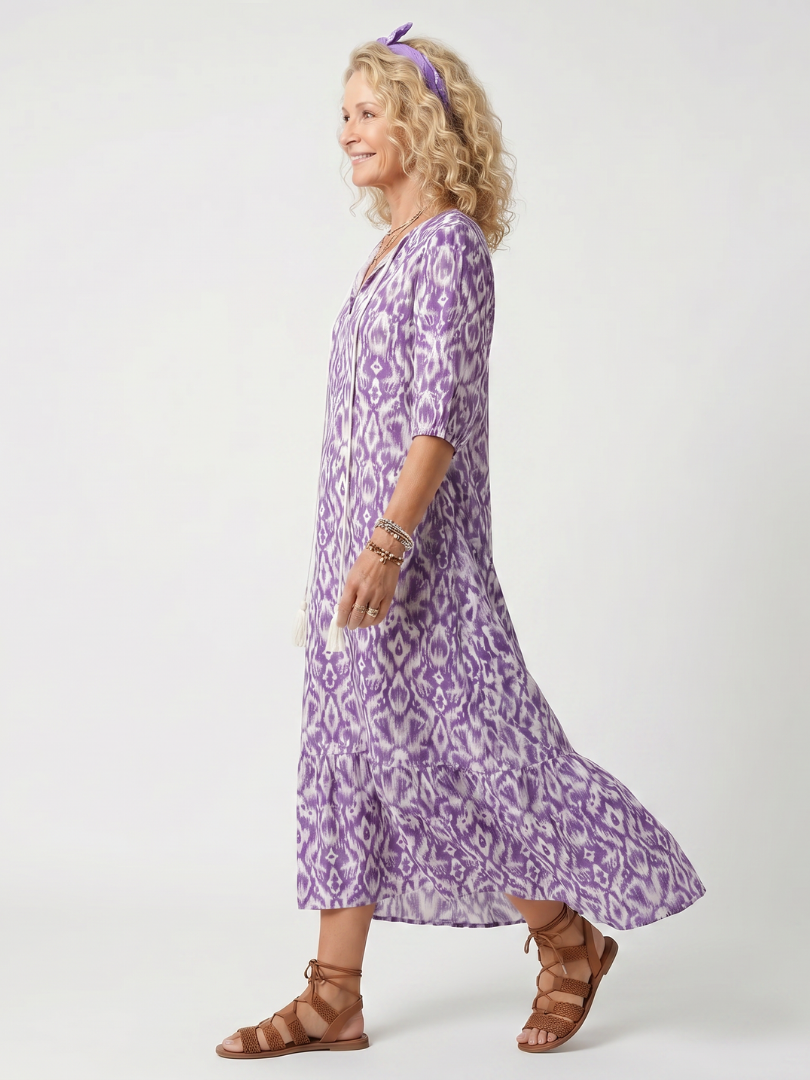 Penelope | Robe midi femme imprimée, col noué à pompons