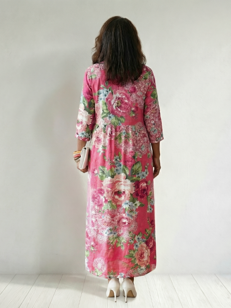 Freya | Robe midi femme fleurie, légère fluide col V manches longues