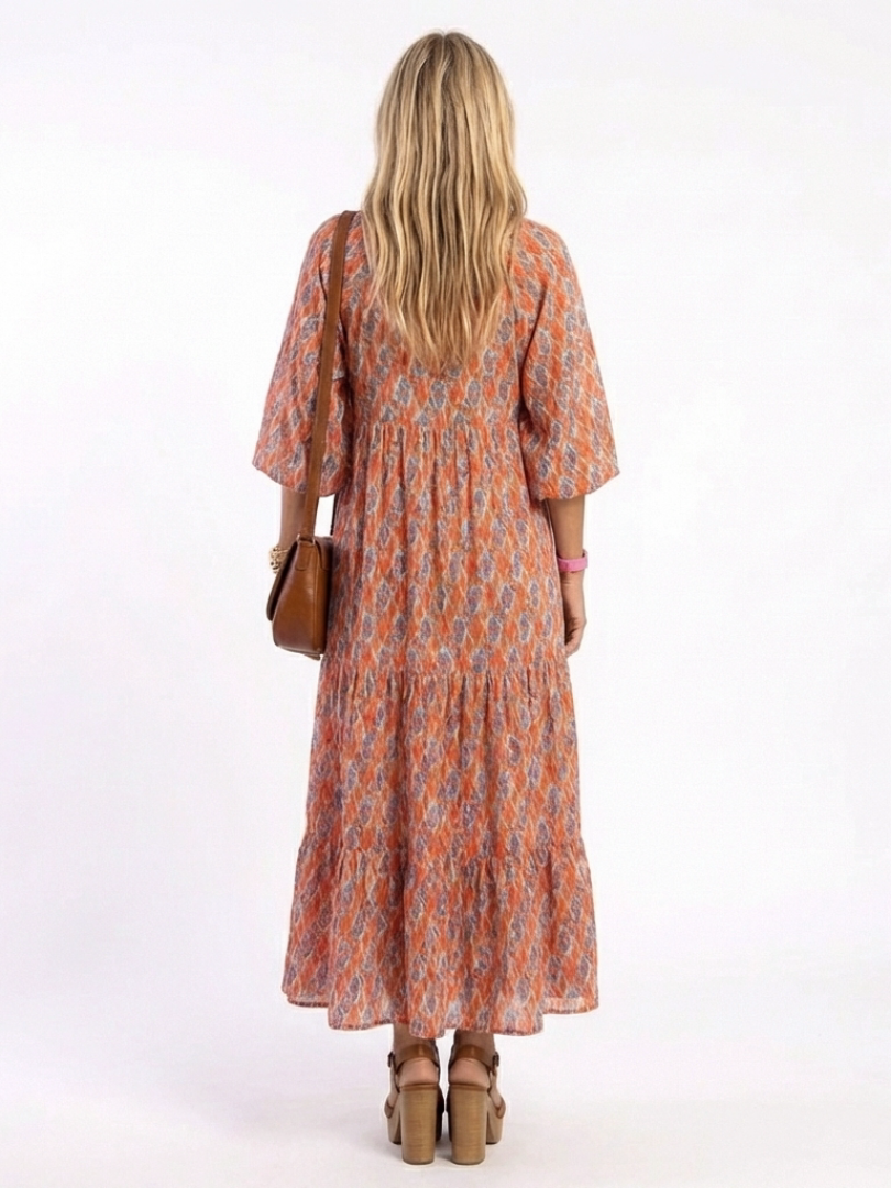 Amara | Robe midi femme à volants, col V imprimé géométrique