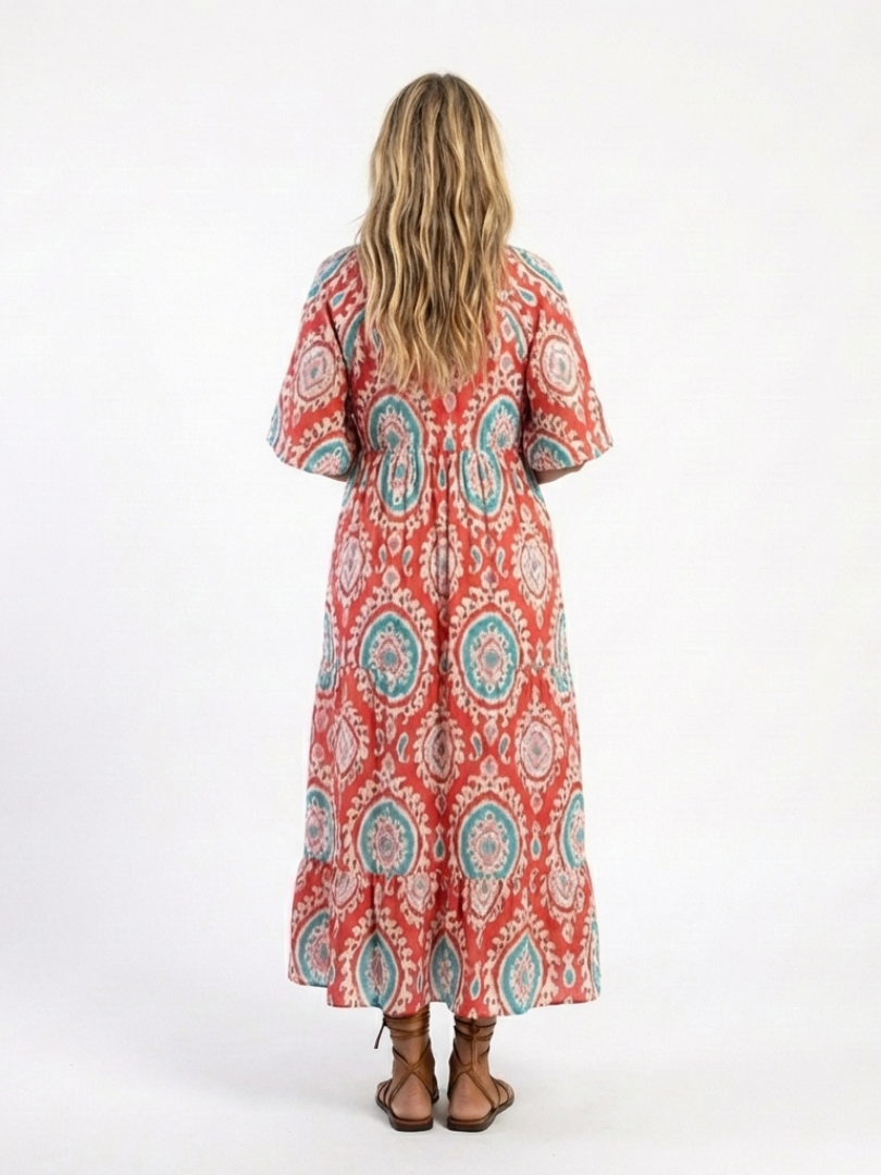 Zaria | Robe midi femme col V, manches courtes imprimé cachemire