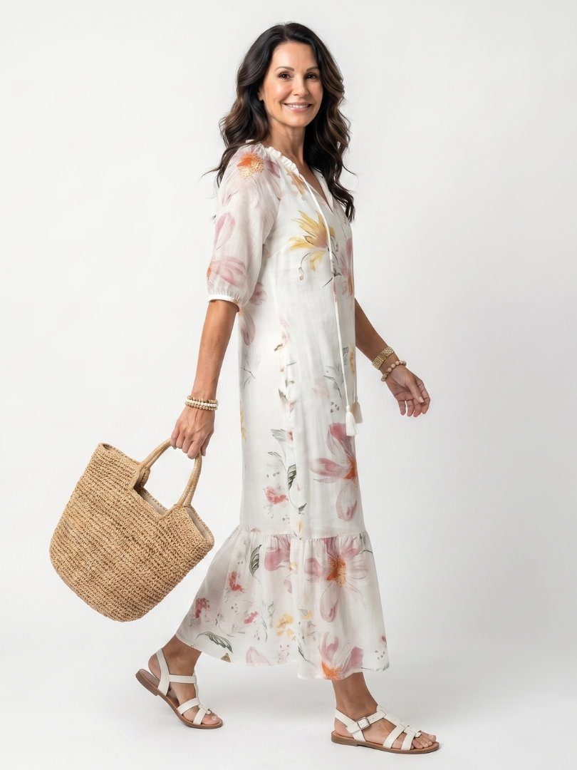 Noa | Robe midi femme à volants, imprimé floral doux et pompons