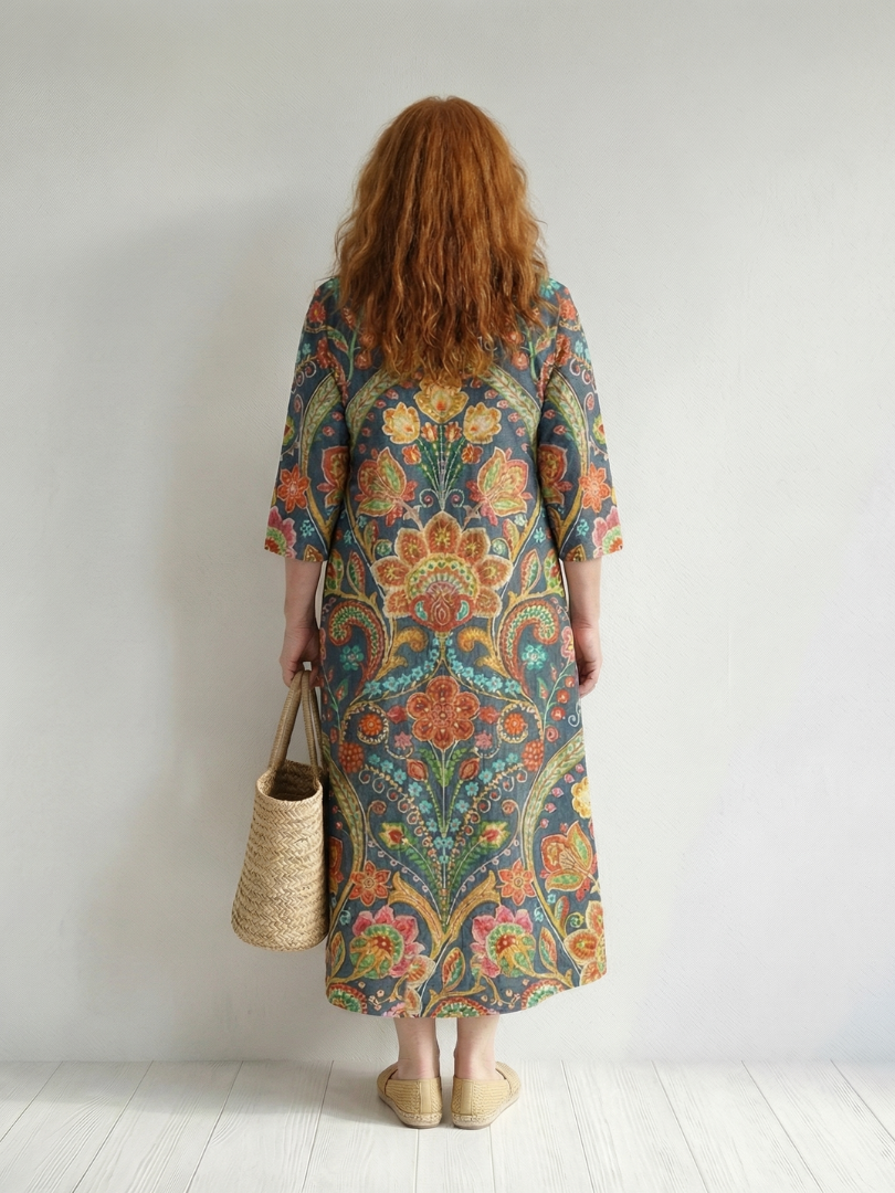 Clothilde | Robe midi femme fleurie fluide, élégante manches longues col V