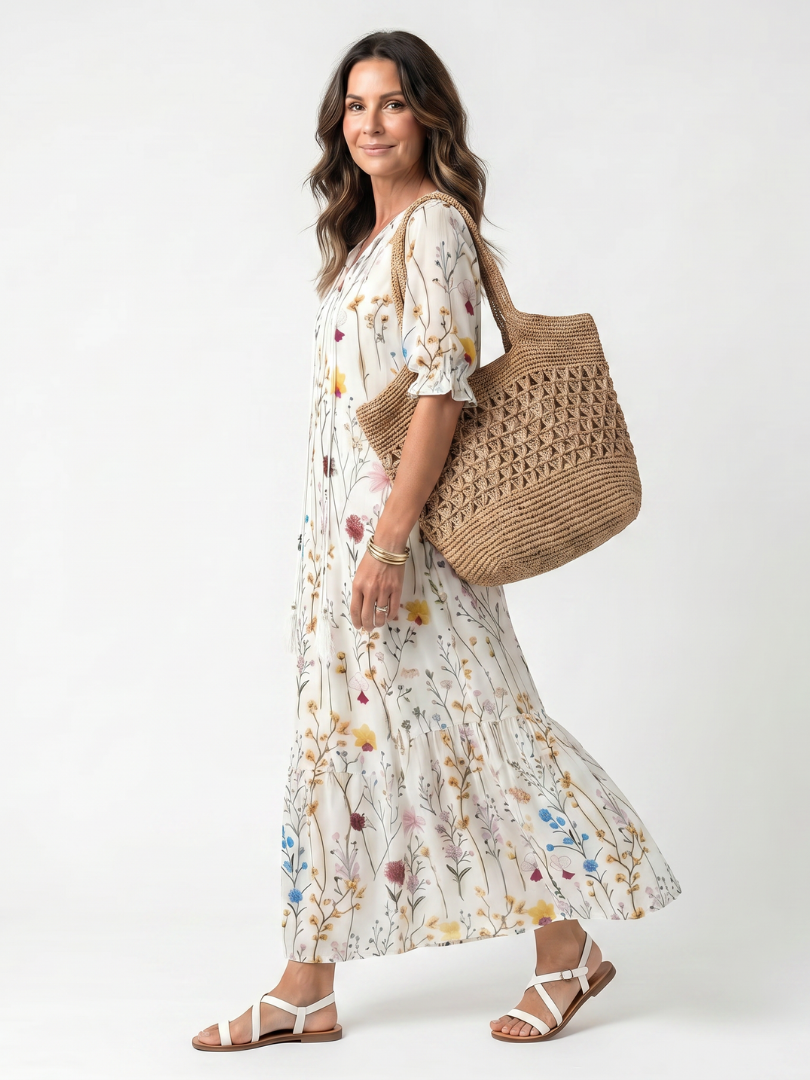 Sylvie | Robe midi femme à imprimé botanique, col noué à pompons