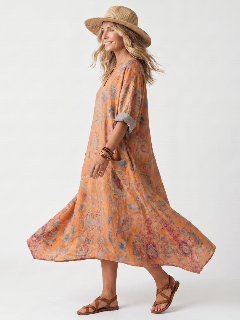 Remi | Robe midi femme imprimée à col cranté, grandes poches