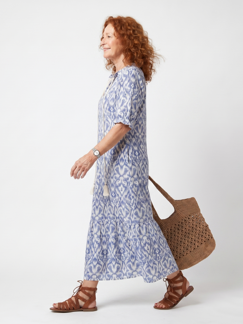 Ottoline | Robe midi femme imprimée, col noué à pompons