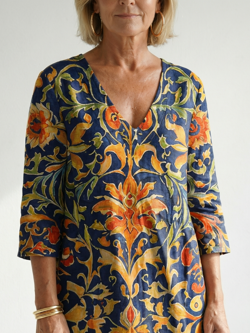 Elise | Robe midi femme imprimé floral, manches longues col V tissu doux