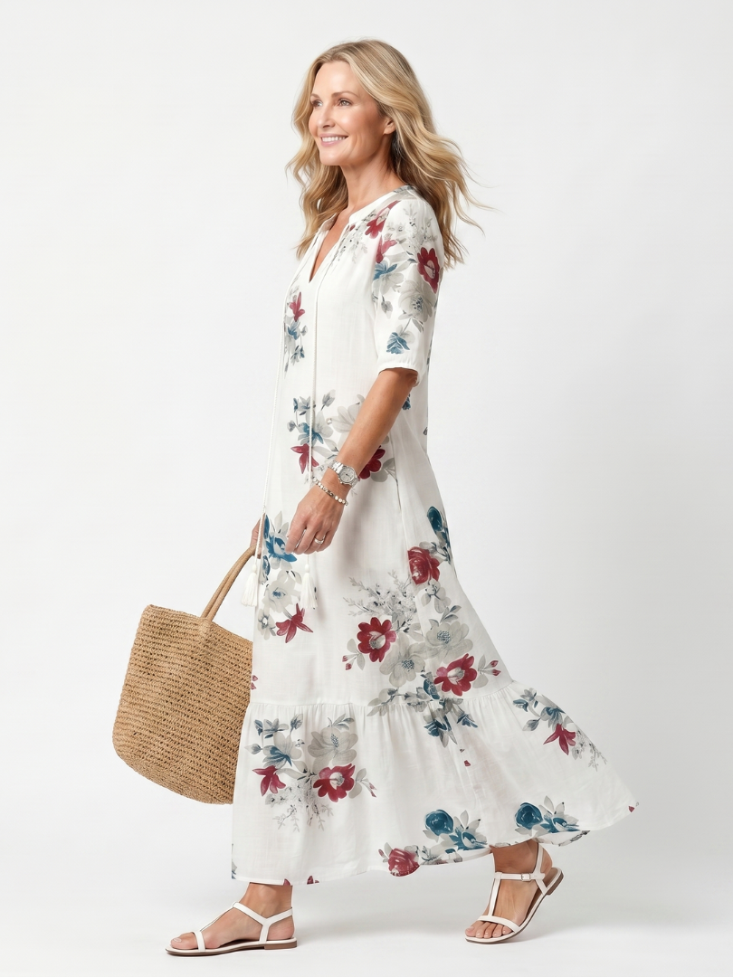 Maeva | Robe midi femme à petites fleurs, col noué à pompons