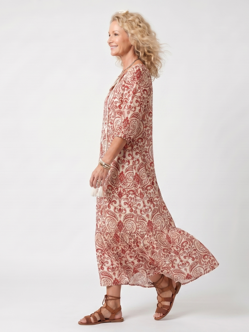 Noelle | Robe midi femme à imprimé travaillé, col noué à pompons