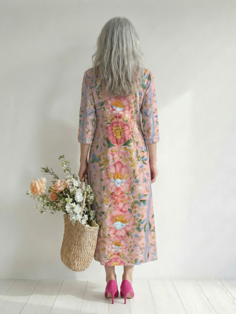 Domitille | Robe midi femme imprimé floral, fluide légère col V bohème chic