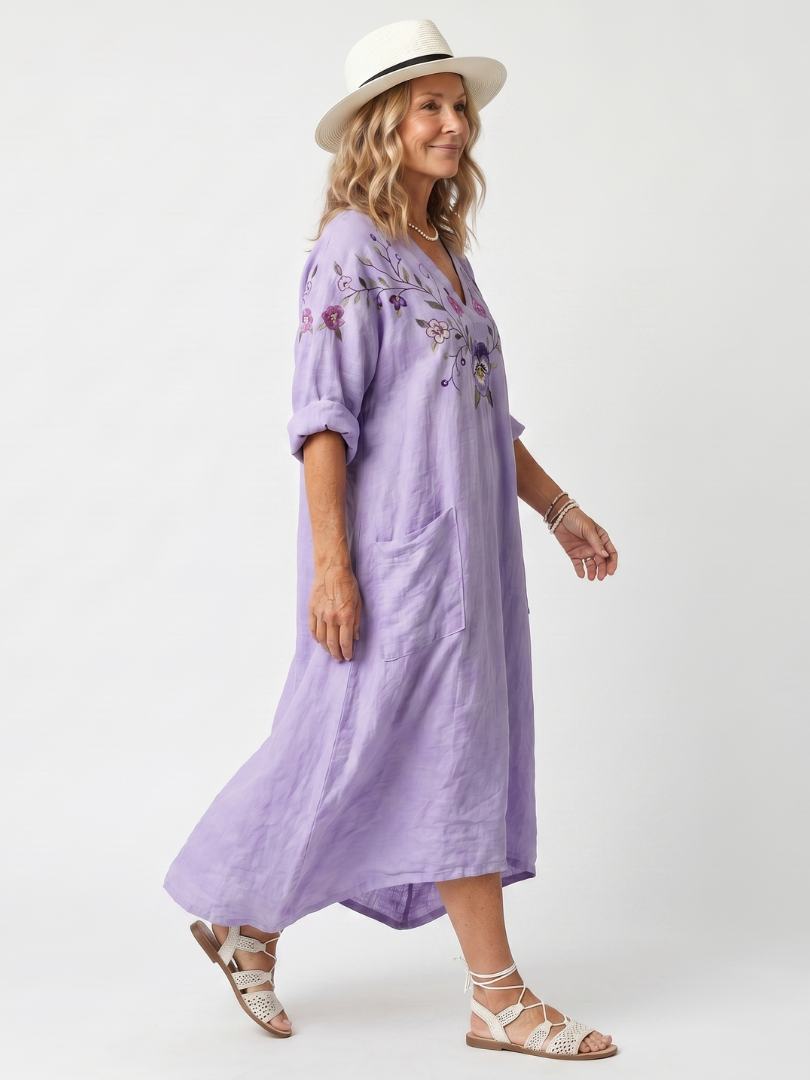 Tavi | Robe midi femme oversize à poches, broderie florale