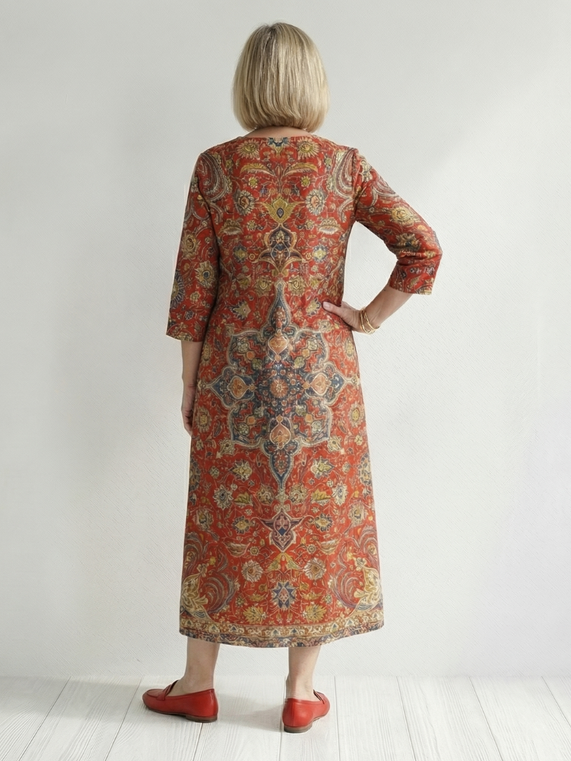 Séraphine | Robe midi femme patchwork, manches longues col V tissu doux