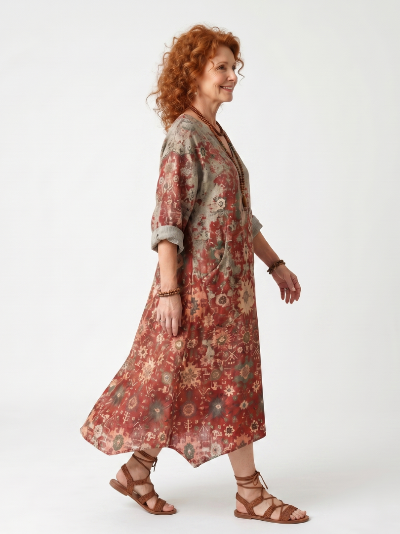 Saffron | Robe midi femme décontractée à poches, motifs mélangés