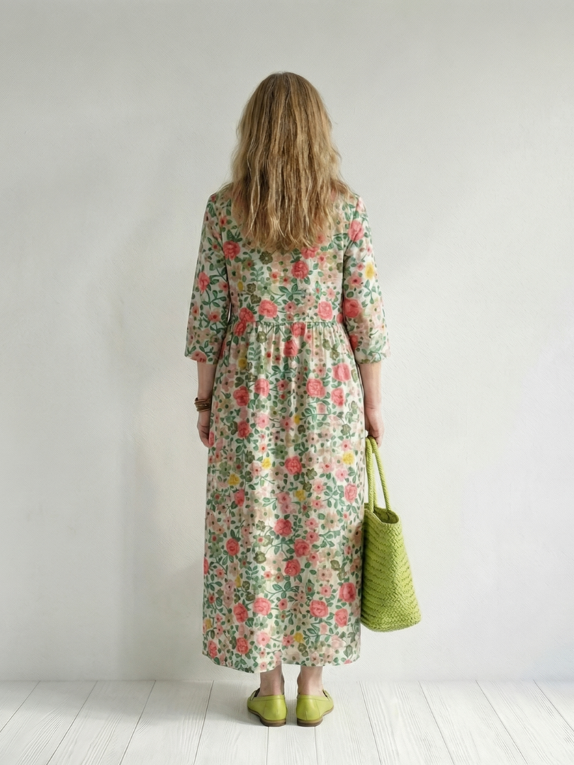 Apollonie | Robe midi femme à fleurs légère, manches longues col V tissu délicat
