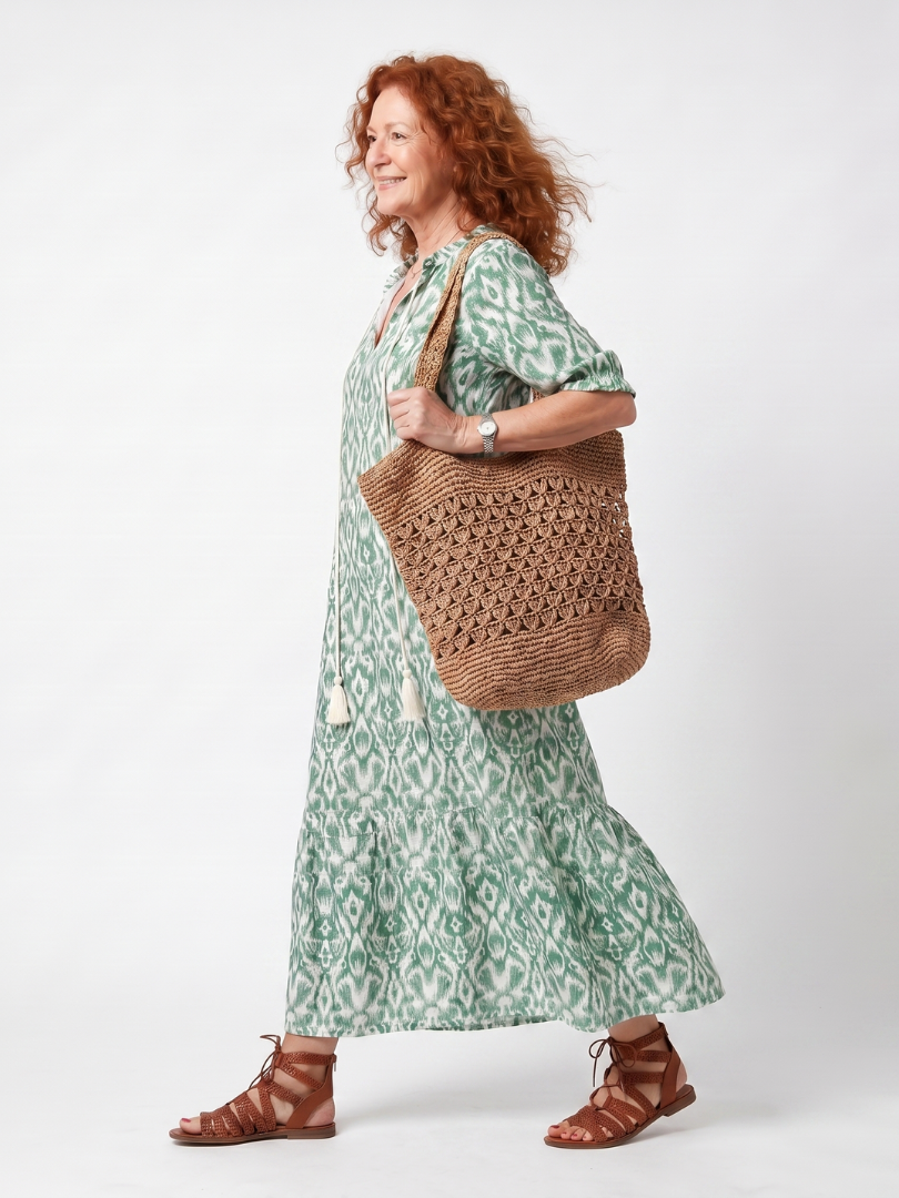 Bertille | Robe midi femme légère à motifs, col V décontractée avec pompons