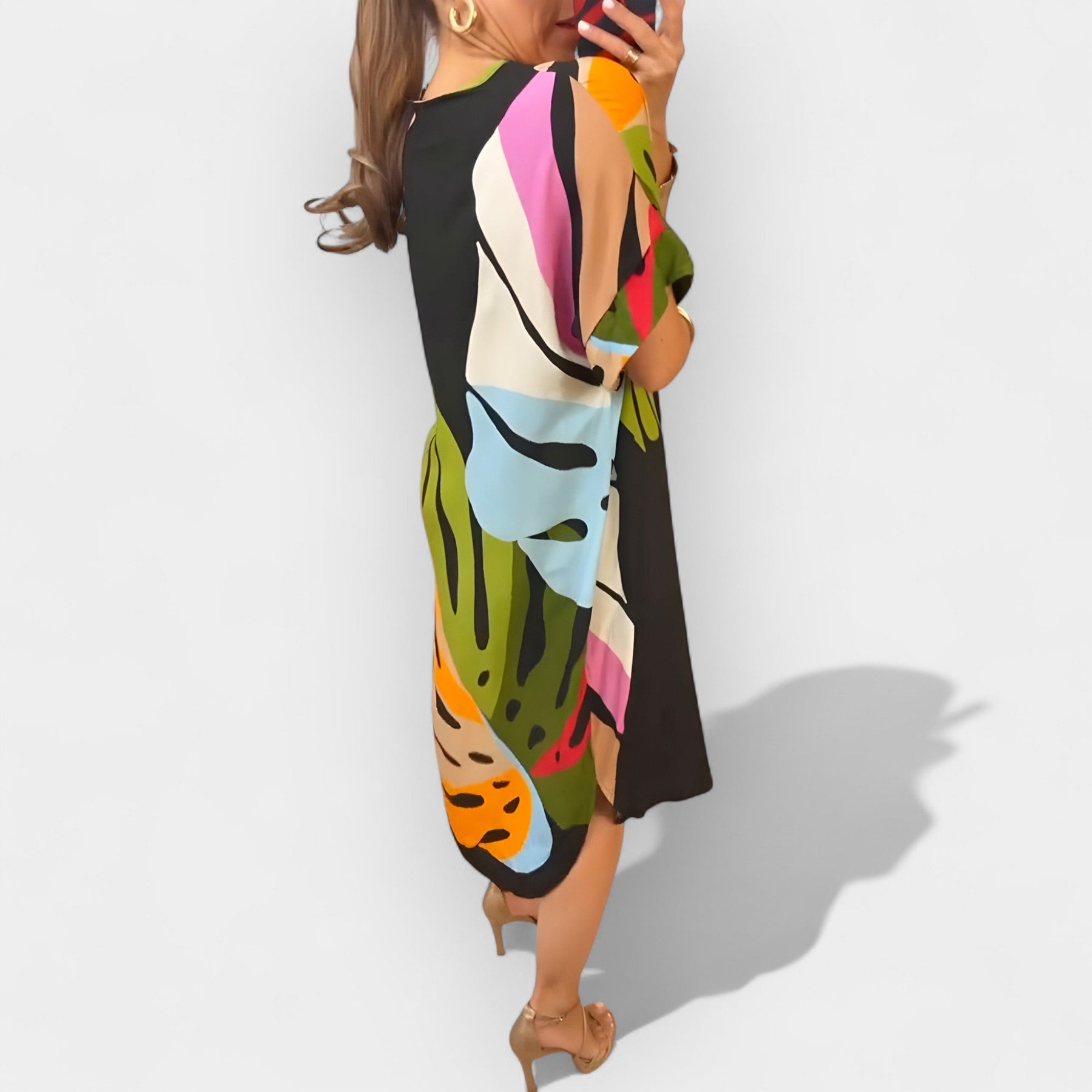 Calista | Robe midi femme à motif feuilles, élégante fluide sans fermeture éclair