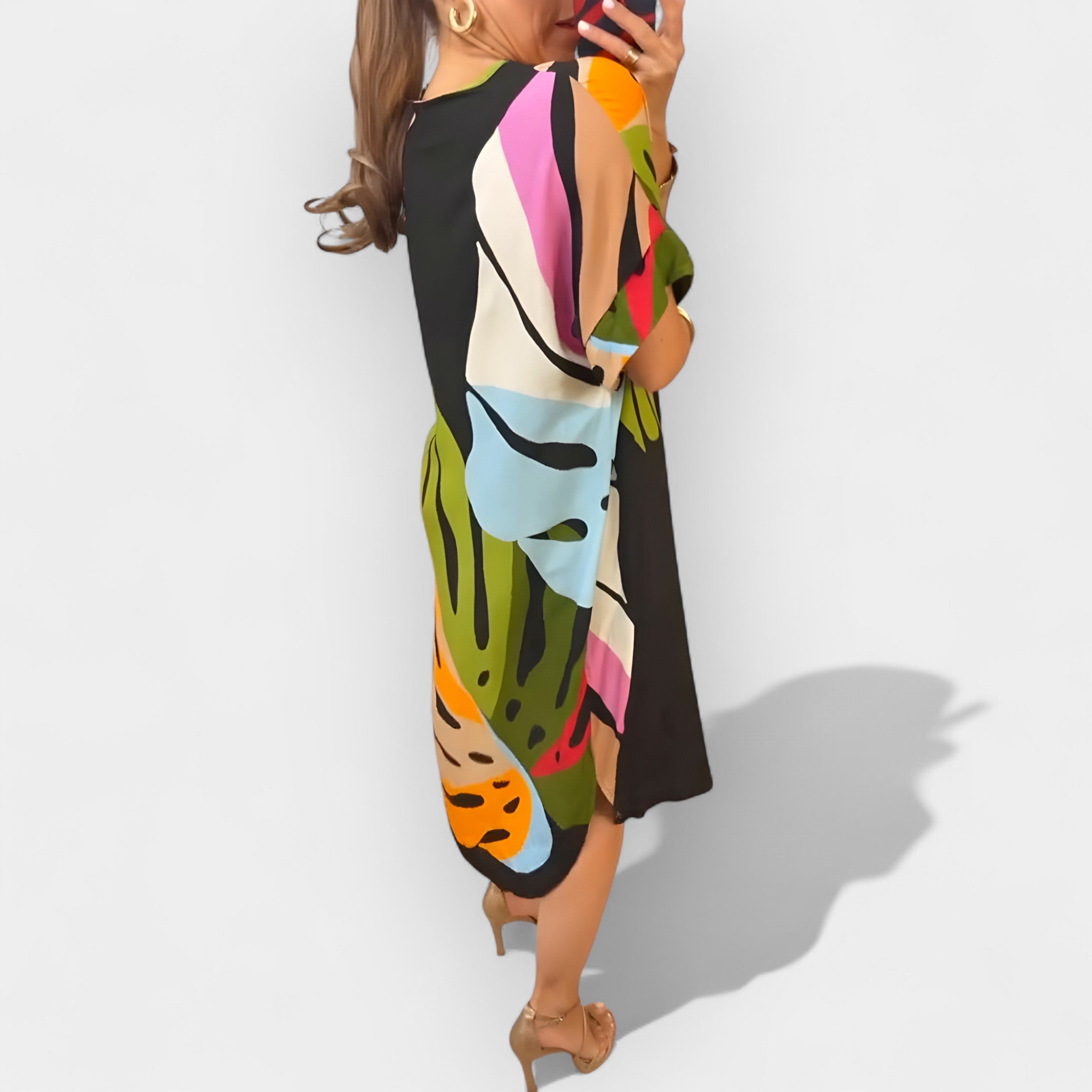 Calista | Robe midi femme à motif feuilles, élégante fluide sans fermeture éclair