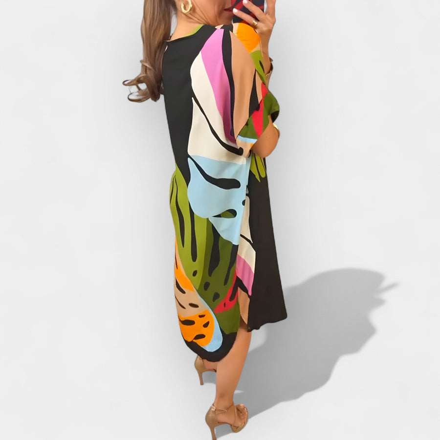 Calista | Robe midi femme à motif feuilles, élégante fluide sans fermeture éclair