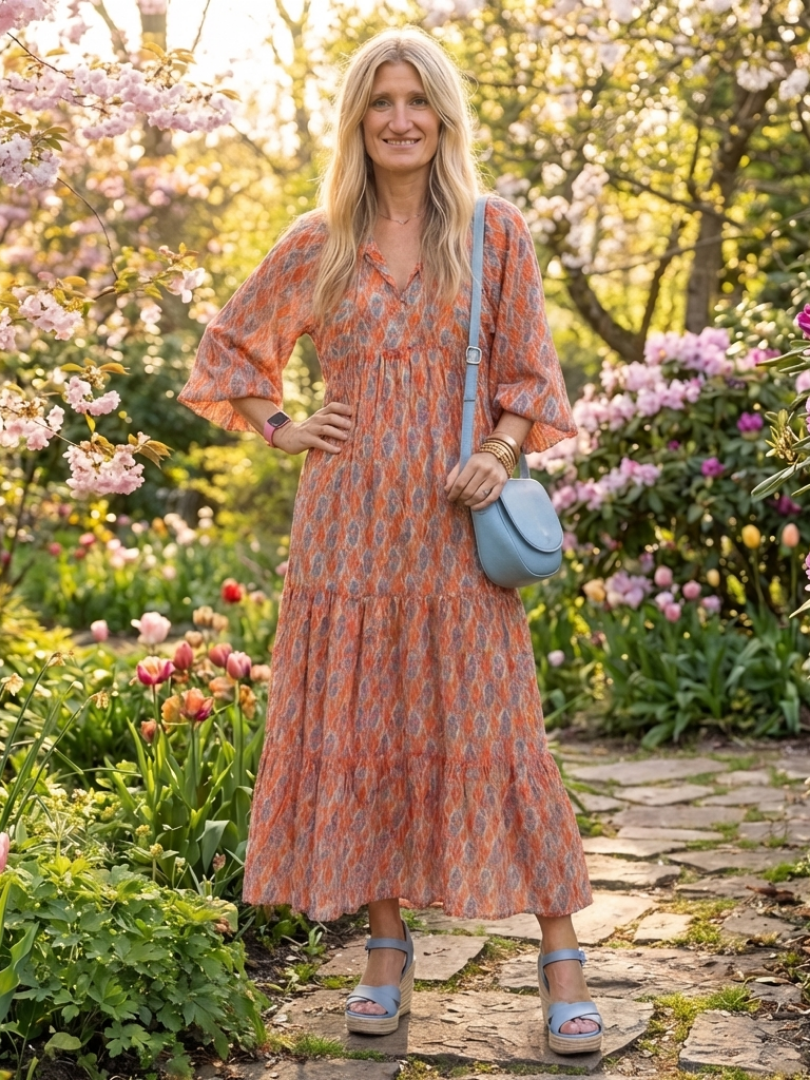 Amara | Robe midi femme à volants, col V imprimé géométrique