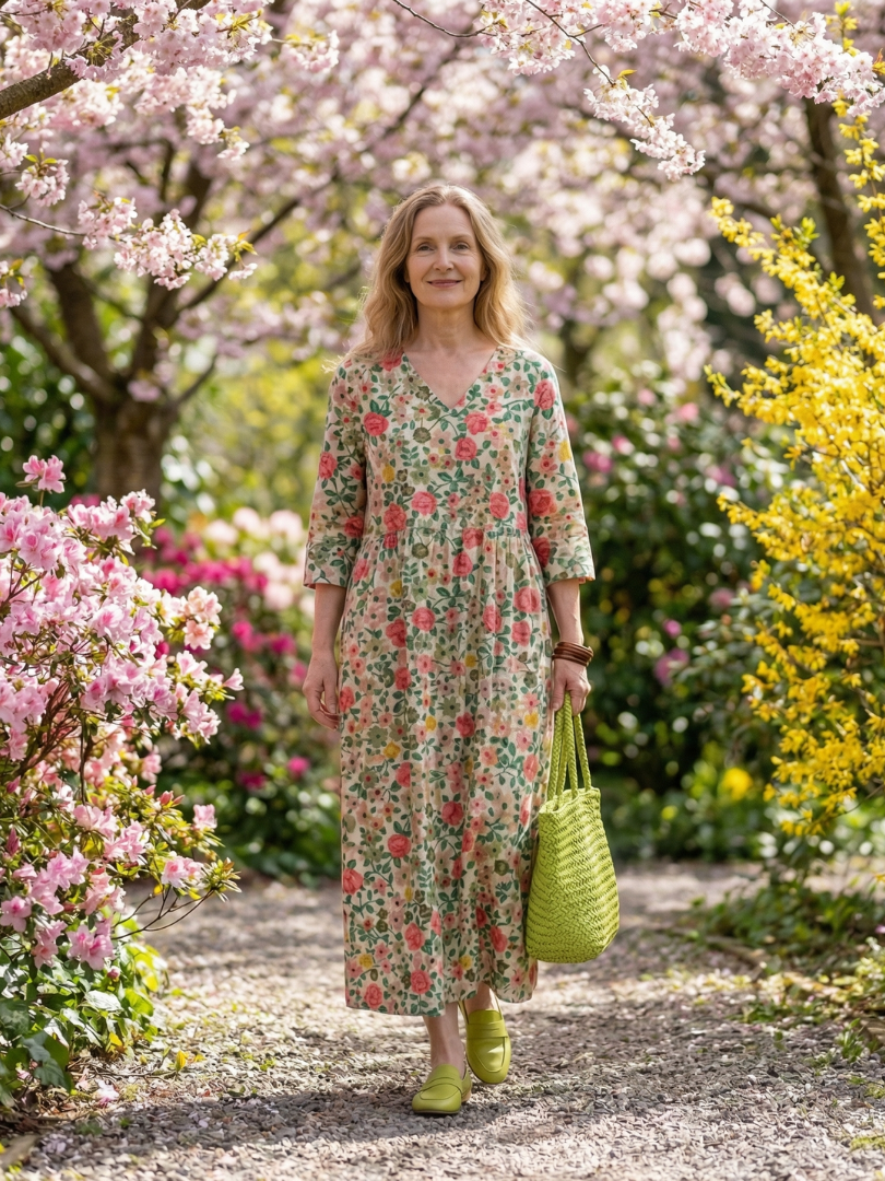 Apollonie | Robe midi femme à fleurs légère, manches longues col V tissu délicat