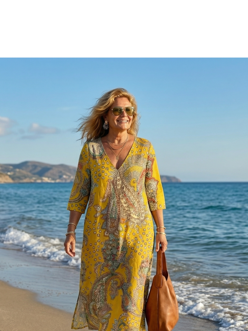 Philippine | Robe midi femme imprimé cachemire, légère respirante col V
