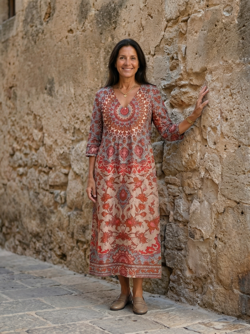 Colombe | Robe midi femme fluide légère, manches longues motif bordure