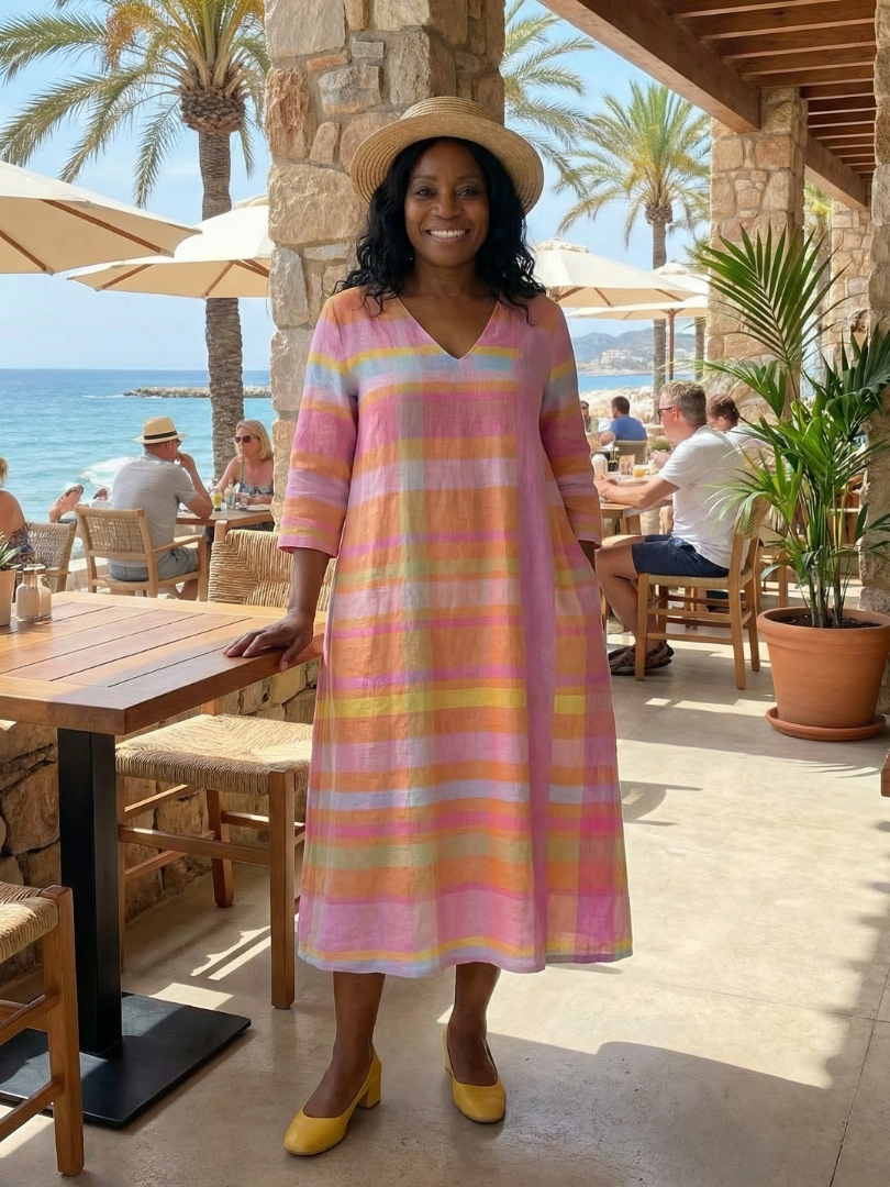 Hortense | Robe midi femme rayée fluide, manches longues coupe ample