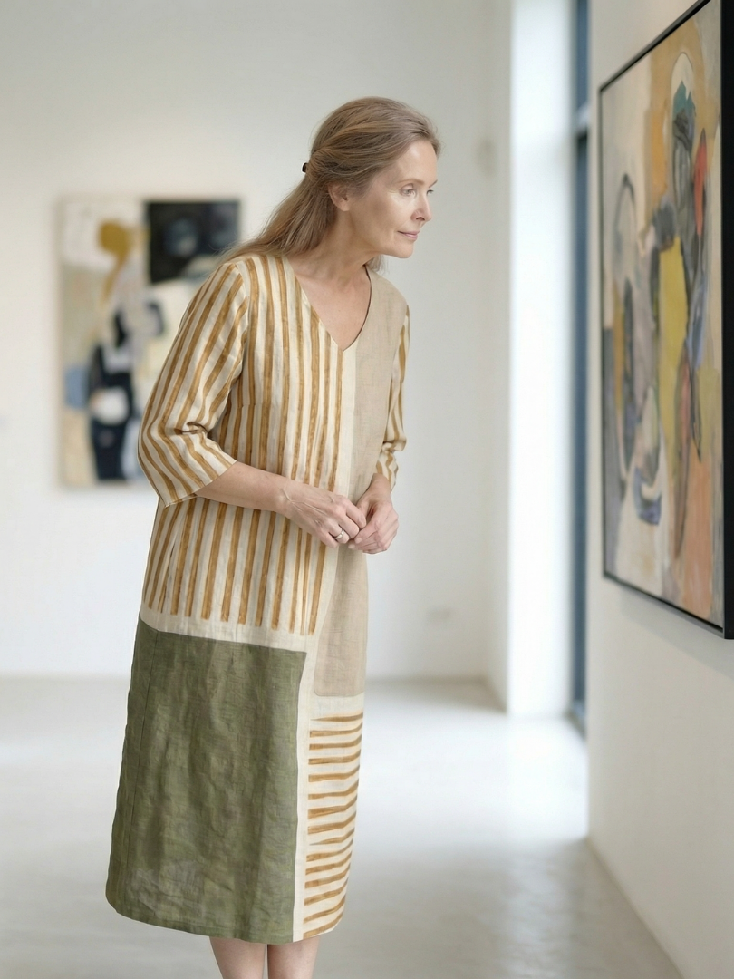 Marguerite | Robe midi femme rayée décontractée, manches longues col V