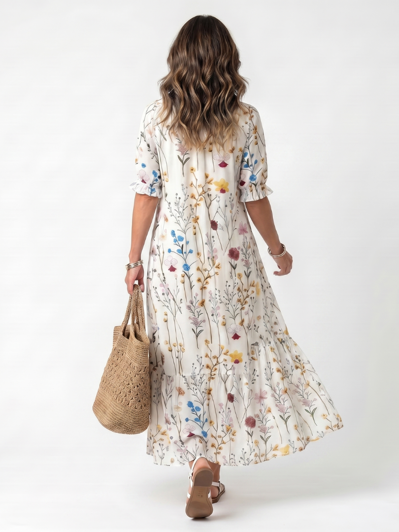 Sylvie | Robe midi femme à imprimé botanique, col noué à pompons