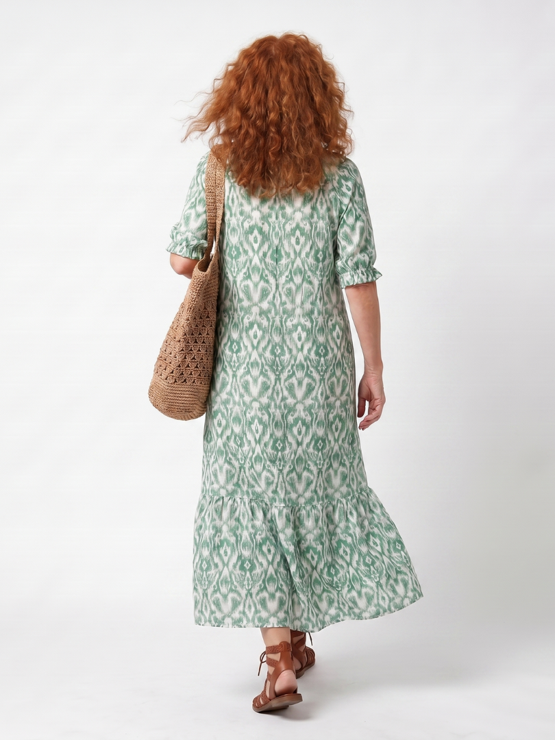 Bertille | Robe midi femme légère à motifs, col V décontractée avec pompons