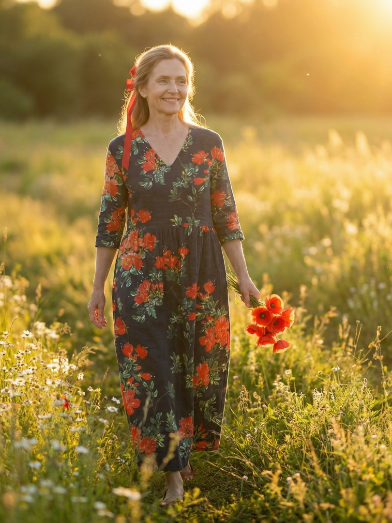 Célestine | Robe midi femme florale décontractée, coupe ample tissu doux naturel