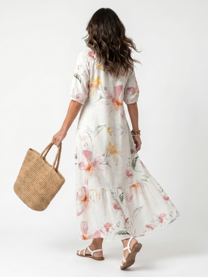 Noa | Robe midi femme à volants, imprimé floral doux et pompons