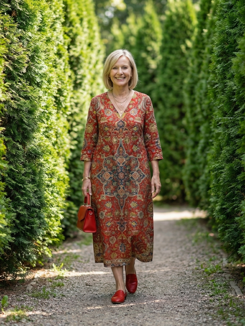 Séraphine | Robe midi femme patchwork, manches longues col V tissu doux