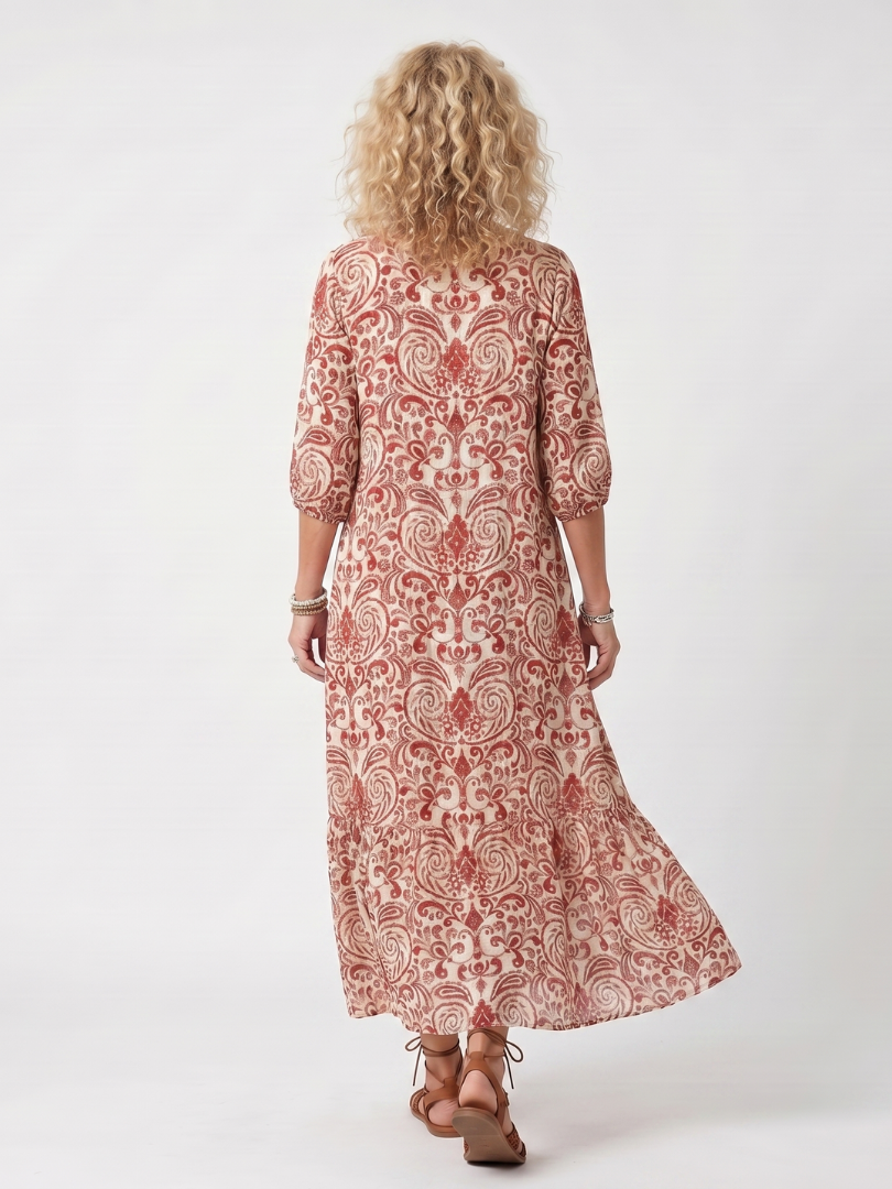 Noelle | Robe midi femme à imprimé travaillé, col noué à pompons