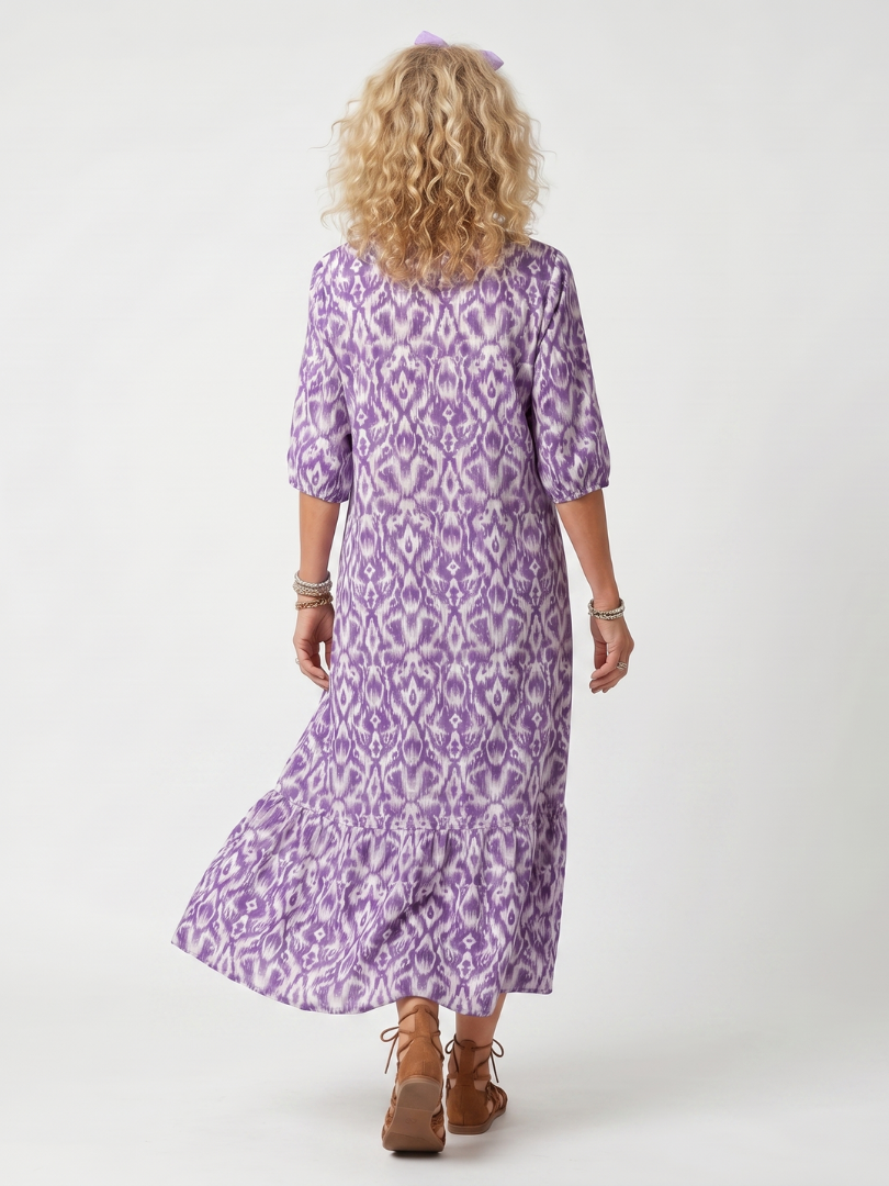 Penelope | Robe midi femme imprimée, col noué à pompons