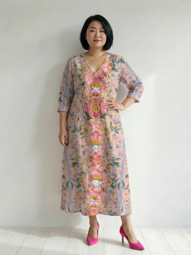 Domitille | Robe midi femme imprimé floral, fluide légère col V bohème chic