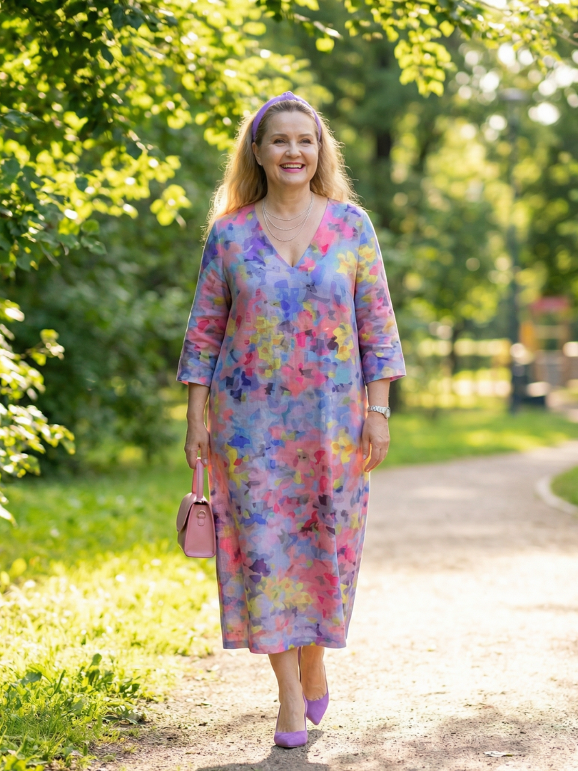 Ombeline | Robe midi femme fleurie fluide, manches longues motif floral abstrait