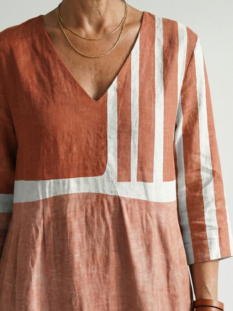 Henriette | Robe midi femme rayée fluide, col V décontractée légère