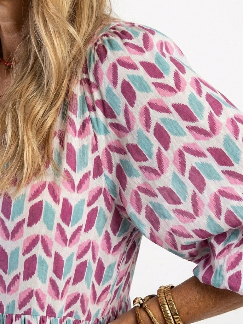 Mireya | Robe midi femme à volants, manches longues imprimé géométrique