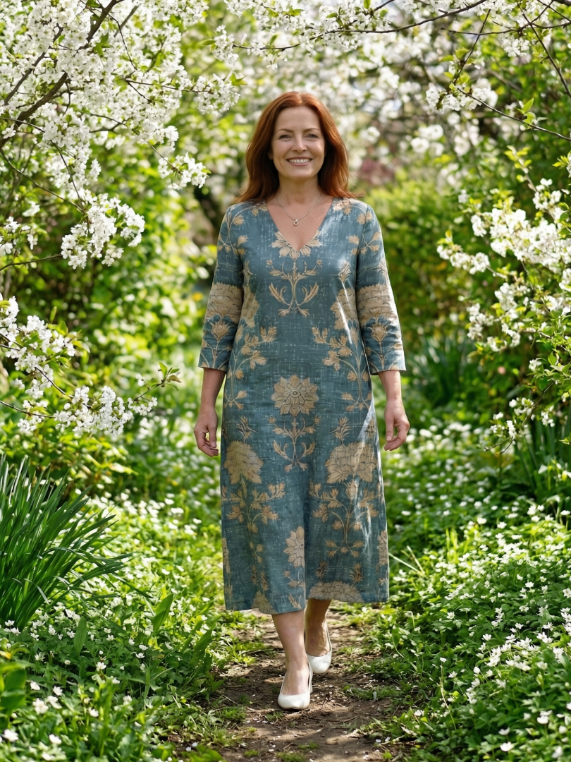 Léopoldine | Robe midi femme florale légère, manches longues col V coupe douce