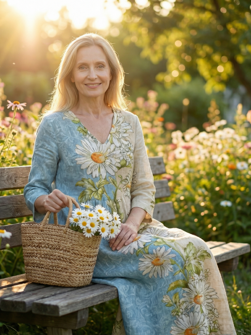 Pâquerette | Robe midi femme imprimé marguerites, légère fluide manches longues