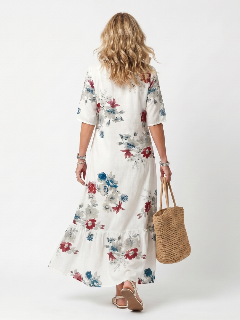 Maeva | Robe midi femme à petites fleurs, col noué à pompons